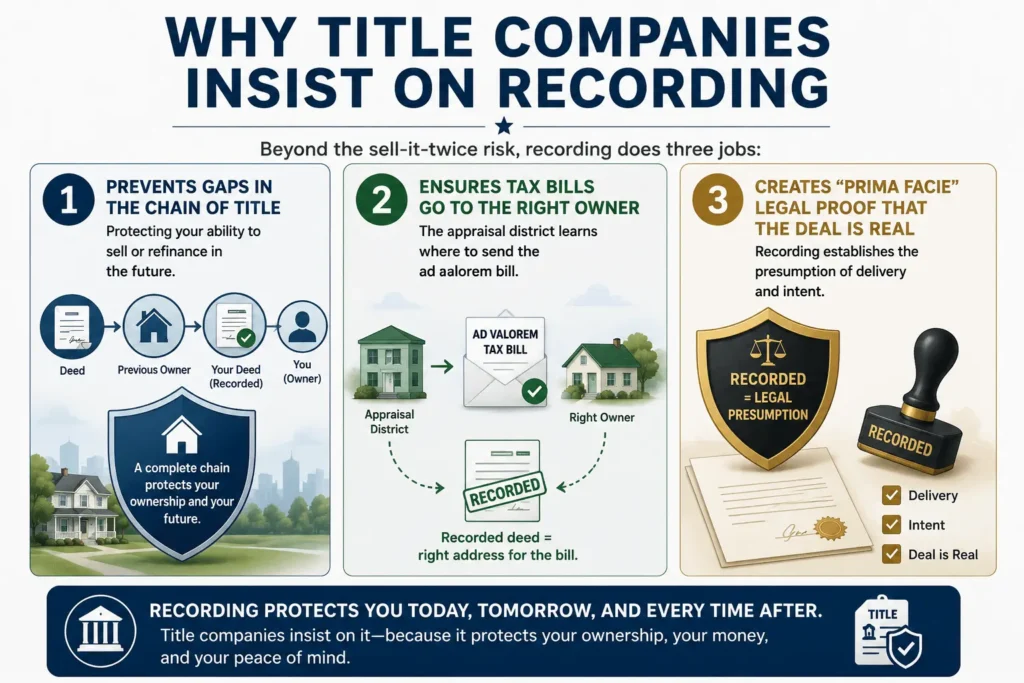 Infographic: why title companies insist on recording a deed — it prevents gaps in the chain of title, routes tax bills to the right owner, and creates prima facie proof the deal is real