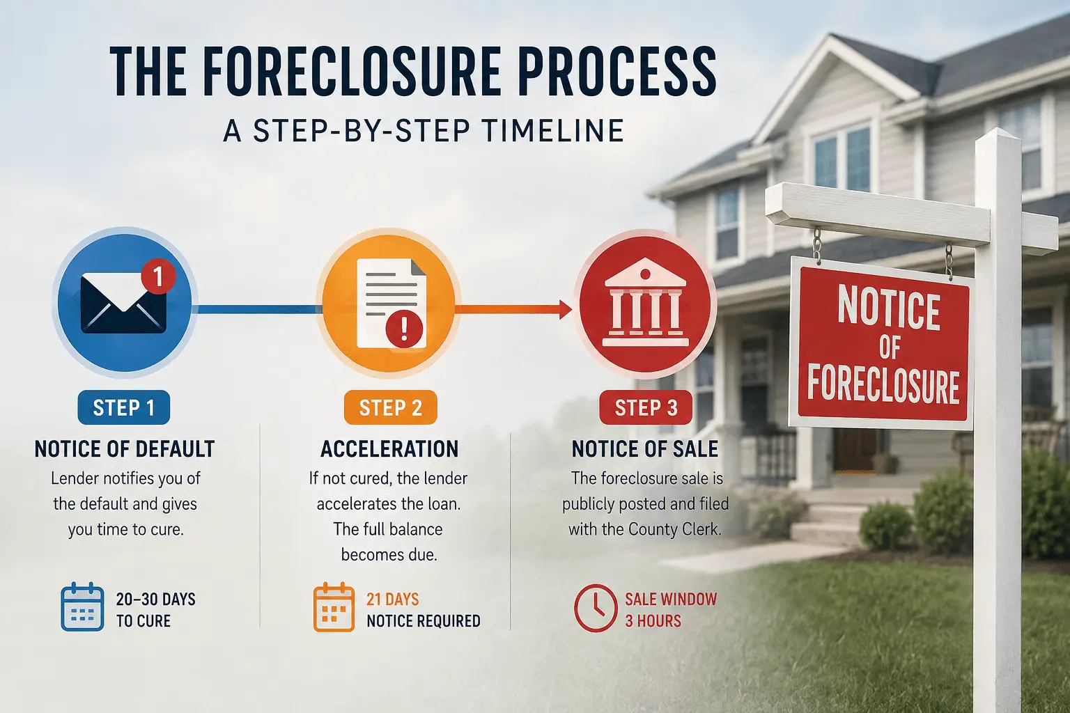 The Foreclosure Process: A step-by-step infographic showing Notice of Default, Acceleration, and Notice of Sale, with a house and foreclosure notice sign.