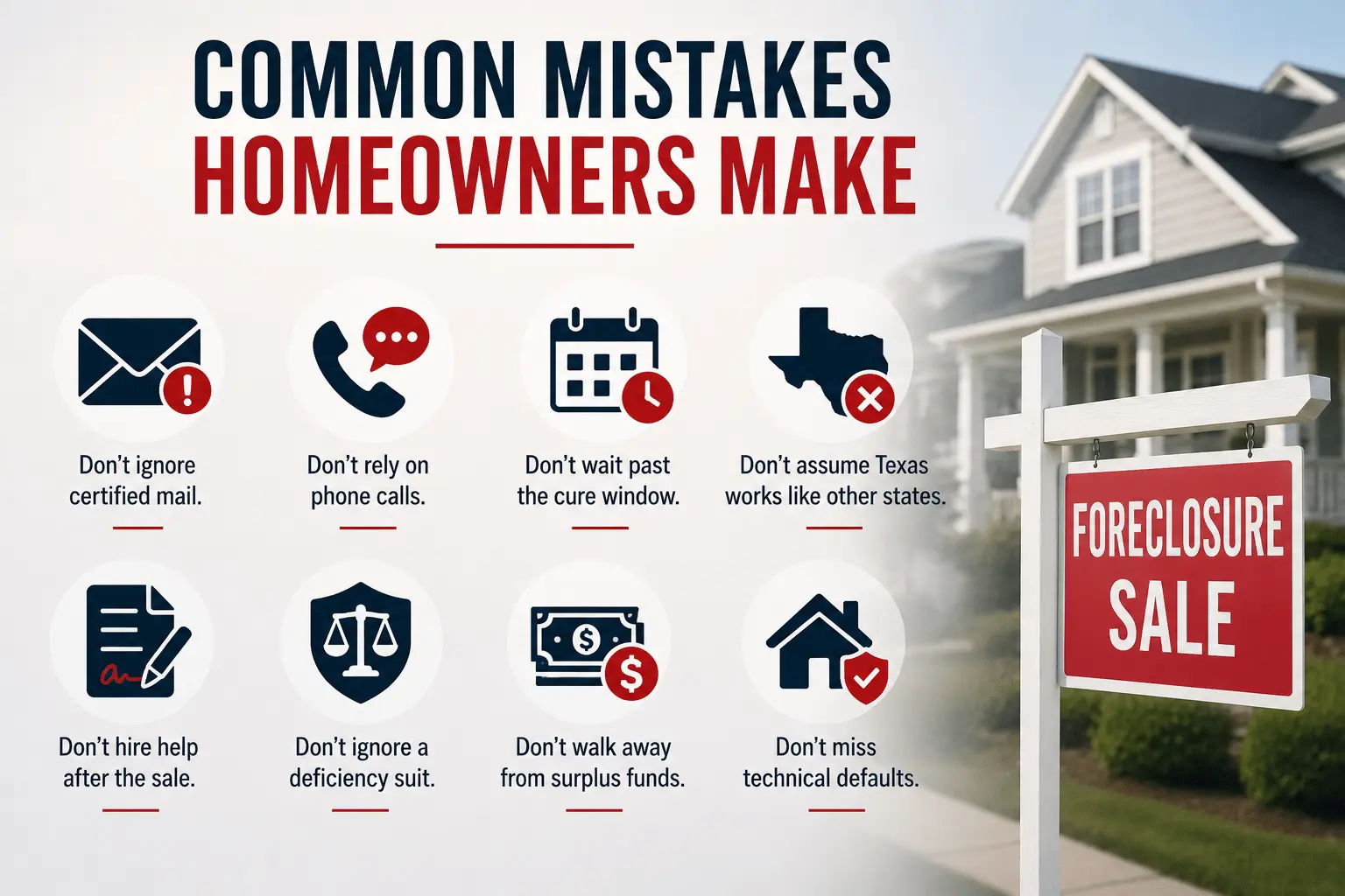 Infographic titled “Common Mistakes Homeowners Make,” showing eight foreclosure mistakes, including ignoring certified mail, relying on phone calls, missing the cure window, and overlooking technical defaults, alongside a Texas home and foreclosure sale sign.