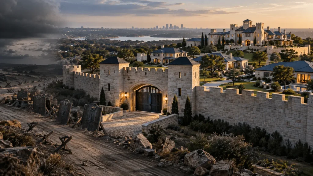 A walled stone estate with a fortified gatehouse holding back a storm - the holding company as the castle and the management company as the gatehouse