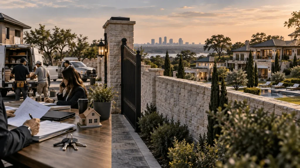 Contractors and a property manager handling business outside the gate while the estate behind the wall stays private - the management company as the public face of a real estate business